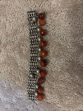 Silver-Tone Multi-Chain Bracelet with Burnt Orange Carnelian Beads